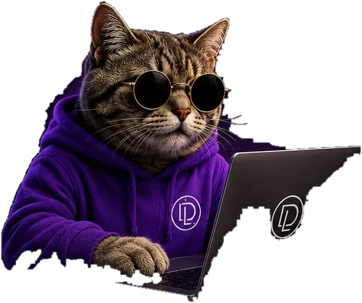 La mascotte Libradev, penchée sur son ordinateur portable.