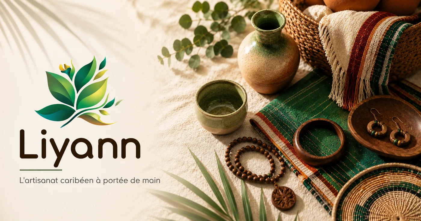 Identité et visuel d'accueil de Liyann : logo végétal et objets d'artisanat caribéen.